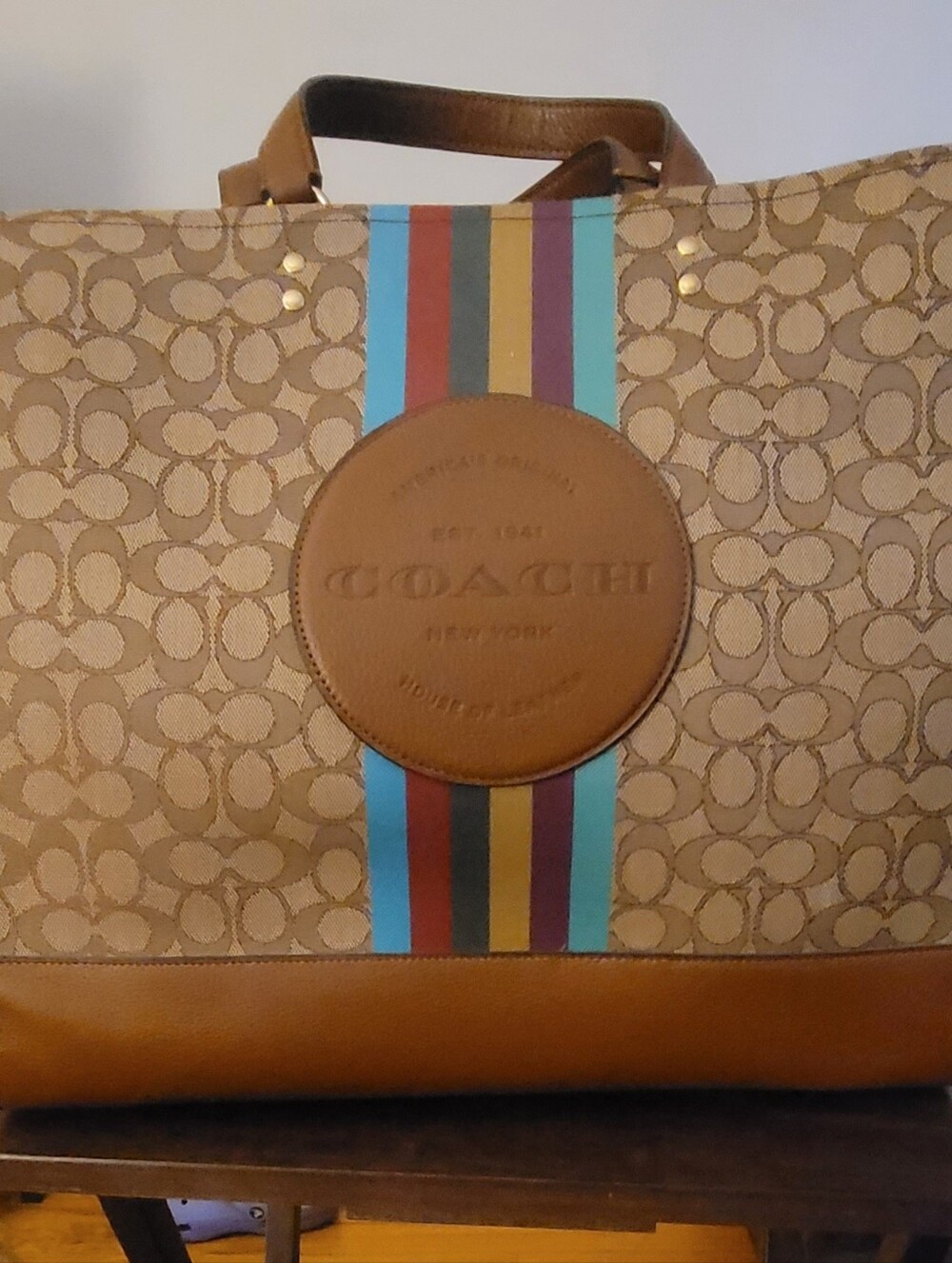 COACH DEMPSEY Tan Signature Stripe Canvas Tote